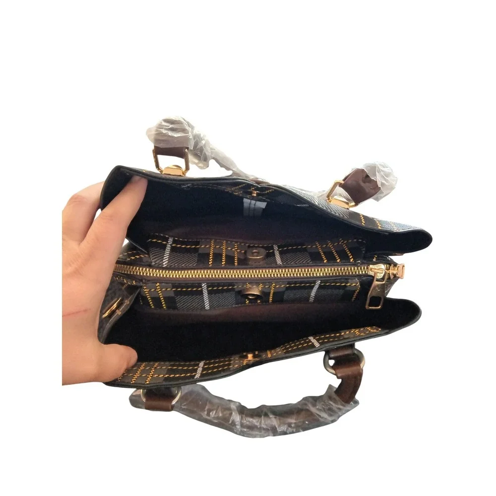 Plaid Satchel Handbag Grey Black‎ Yellow Triple Compartment Crossbody
